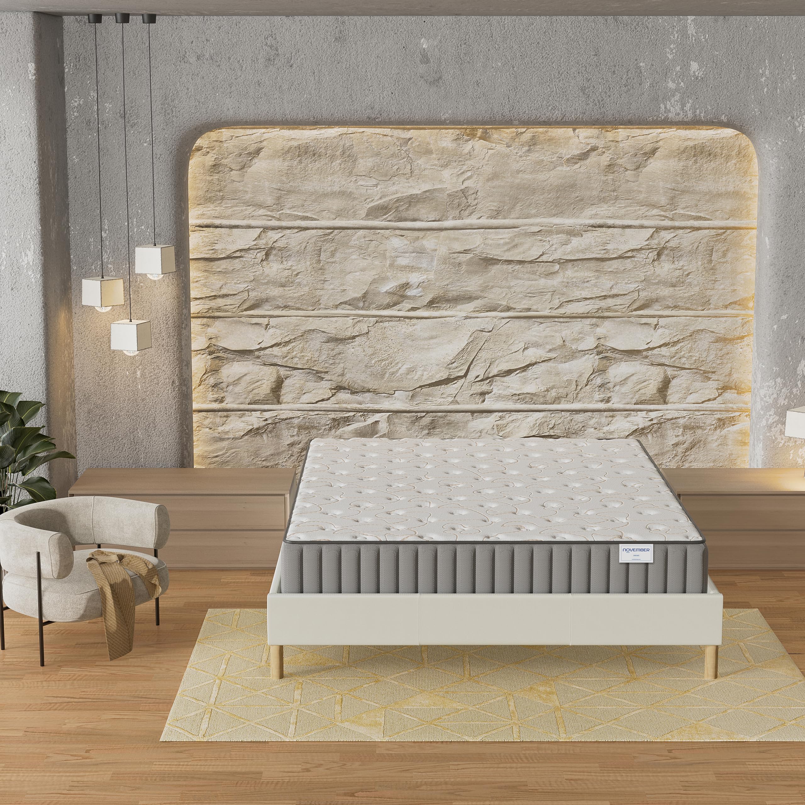 NOVEMBER- Ensemble Matelas + sommier (120 x 190cm)- Matelas Orionis Mousse Mémoire de Forme & Mousse Haute Densité d’épaisseur 16cm + Sommier Bois Stable & Robuste revêtement Tissu Blanc