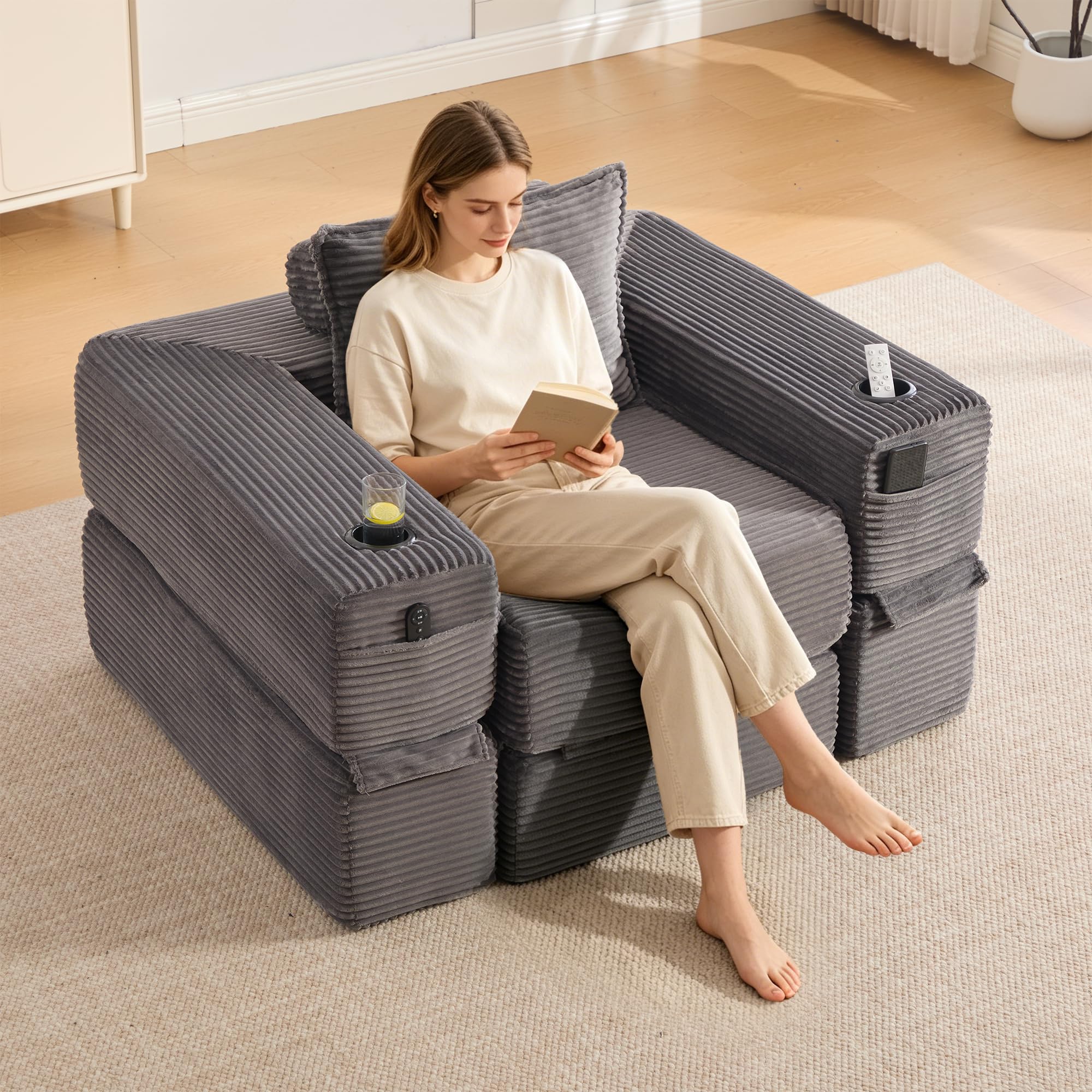 Sofá plegable de pana con espuma de alta densidad y resorte de bolsillo para asiento estable, bolsillo lateral + soporte para tazas, resto del brazo con cremallera, paquete al vacío, fácil montaje