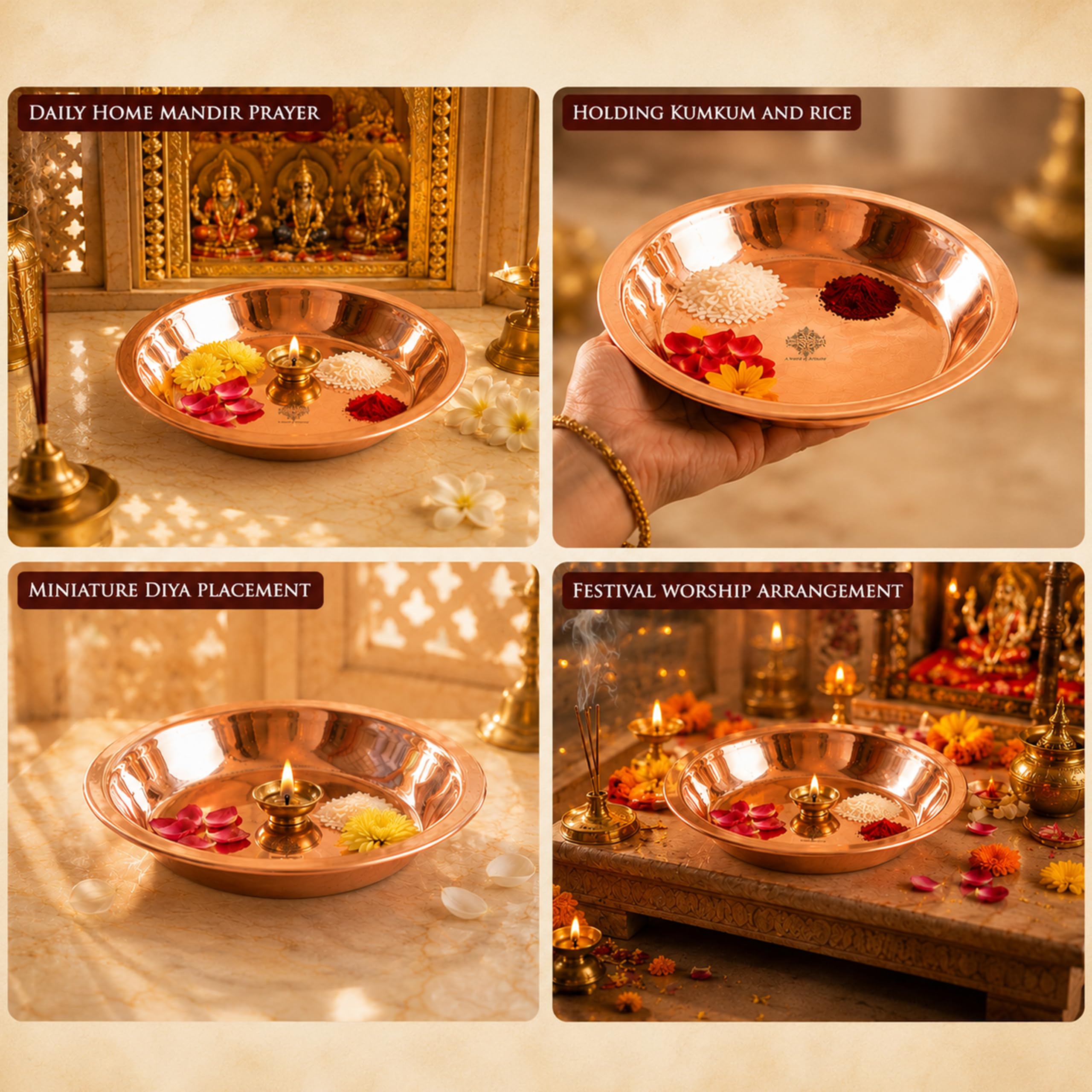 IndianArtVilla Copper Pooja Thali Plate, Poojan Purpose, Spiritual Gift Item, 6" Inch Each, Set of 4 4