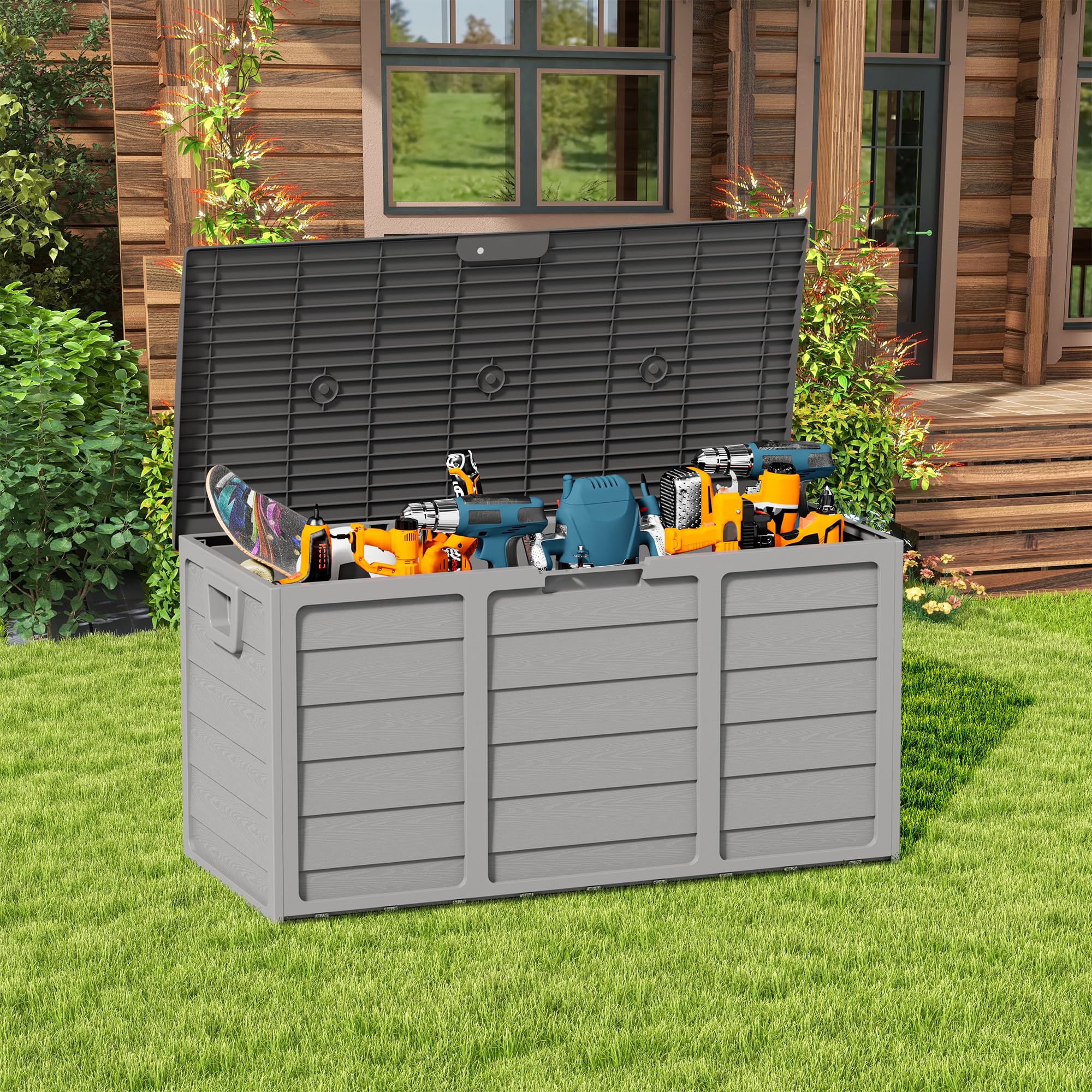 75 Gallon Outdoor Deck Storage Box, Heavy Duty Resin with Lockable Lid, UV Resistant for Patio Furniture, Garden Tools(Grey)