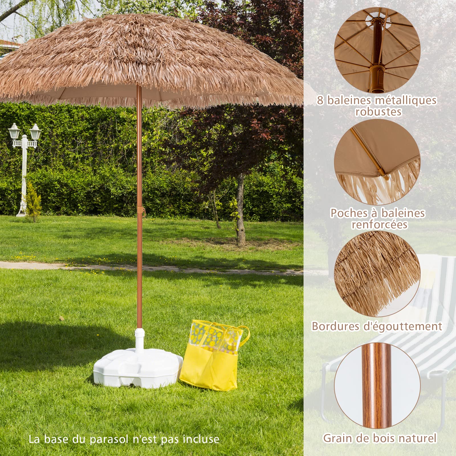 GOPLUS 2,4M Parasol en Paille PP avec Toit Inclinable, Parasol Chaume de Style Hawaïen Tropical Baleines, Bloquer Soleil, pour Patio/Terrasse Jardin H.2,2M