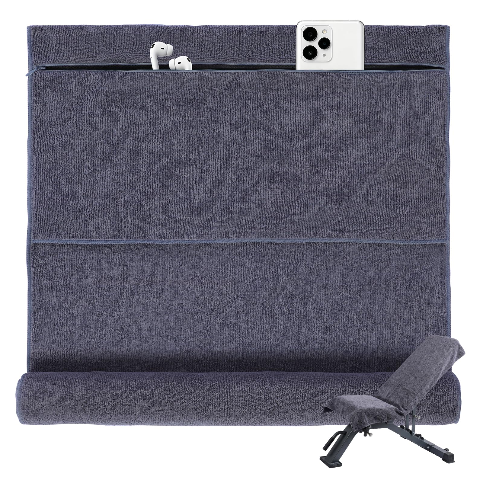 Asciugamano da Palestra 135x50cm Microfibra ad Assorbimento Rapido e Asciugatura Veloce Tasca con Cerniera per Cellulare Chiavi Cuffie e Accessori per Palestra Yoga Sport all'aperto (Grigio Scuro)