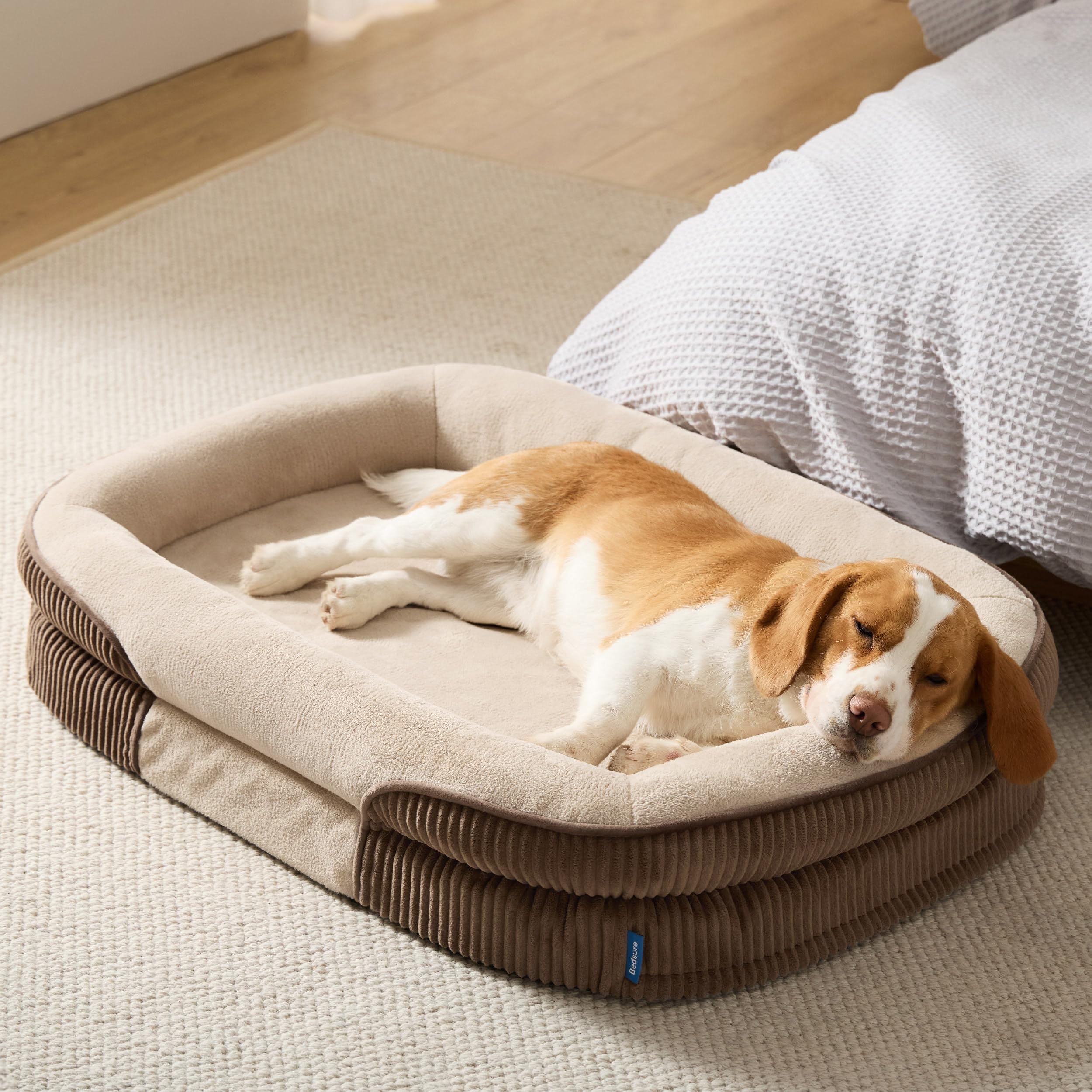 Bedsure Orthopedic Dog Beds Large - 360° Oval Bolster Large Pet Bed Sofa for Senior Dogs with Waterproof Washable Cover, Ultra-Soft Fleece Supportive Couch, Brown, 89x64x18cm