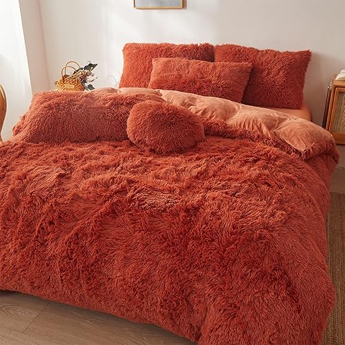 Miniatura 3 de Juego de edredón lanudo de piel sintética, tamaño Queen, 3 piezas (1 edredón + 2 fundas de almohada), acolchado, esponjoso naranja oscuro