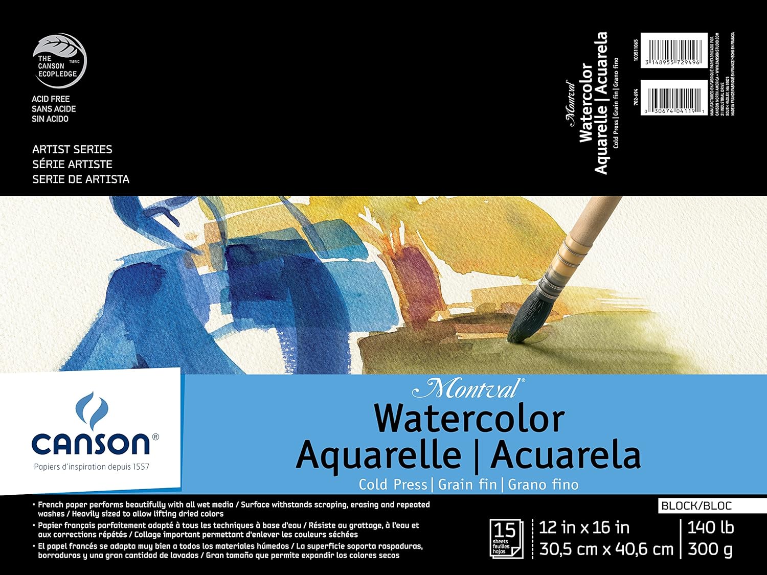 Canson Artist Series Montval Watercolor Paper, Fold Over Block, 12x16 inches, 15 Sheets (140lb/300g) - Artist Paper for Adults and Students - Watercolors, Mixed Media, Markers and Art Journaling
