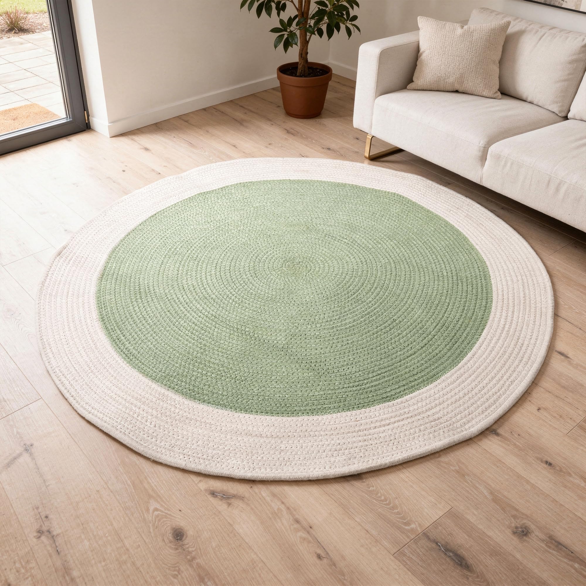 Encasa XO Handmade Round Crochet Rug 2-Tone Circular Cotton Area Rug for Nursery, Bedroom & Living Room | Boho Modern Minimalist Floor Mat Natural Reversible Rugs | Sage & Off White (90 cm) | 3 Ft-picture-28