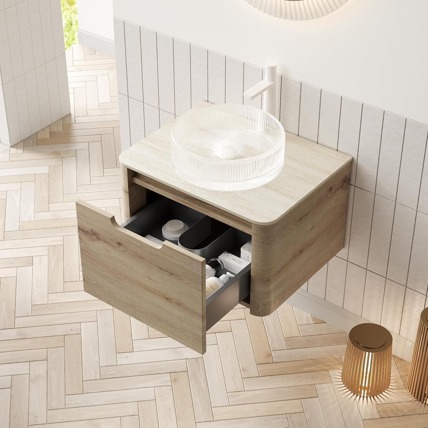 Ambrovina 24" Floating Bathroom Vanity with Sink, Modern Plywood Storage Cabinet with Soft Closing Drawer, Transparent Round Glass Basin, Stone Pattern Sintered Stone Top, Pre-Assembled, White Oak