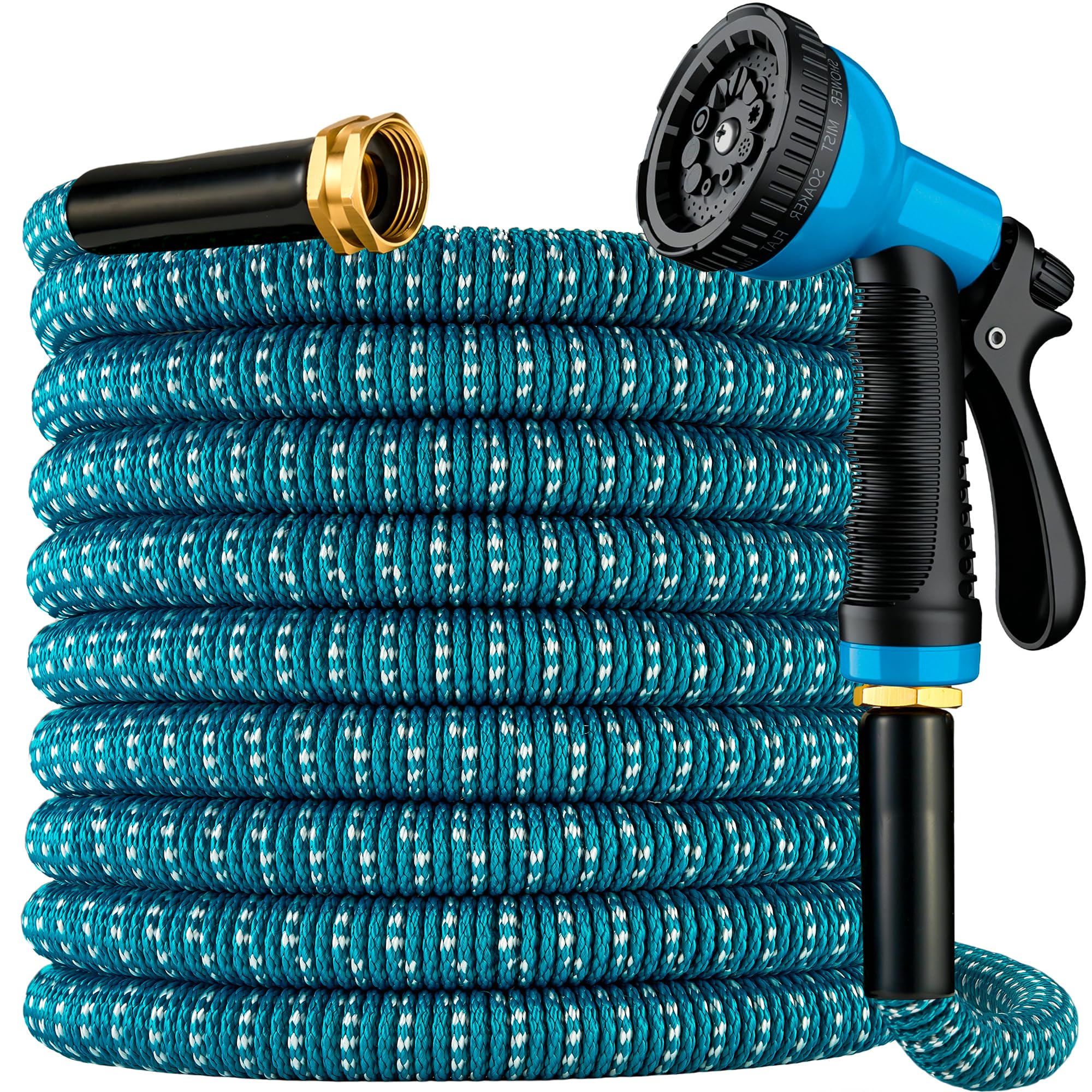 Expandable Garden Hose 100 ft with 10 Function Spray Nozzle, Flexible, Kink Free, Leak-Proof, Ultra Lightweight Retractable Stretch Water Hose 100ft for Yard, Lawn, Car Wash and Outdoor, Blue White