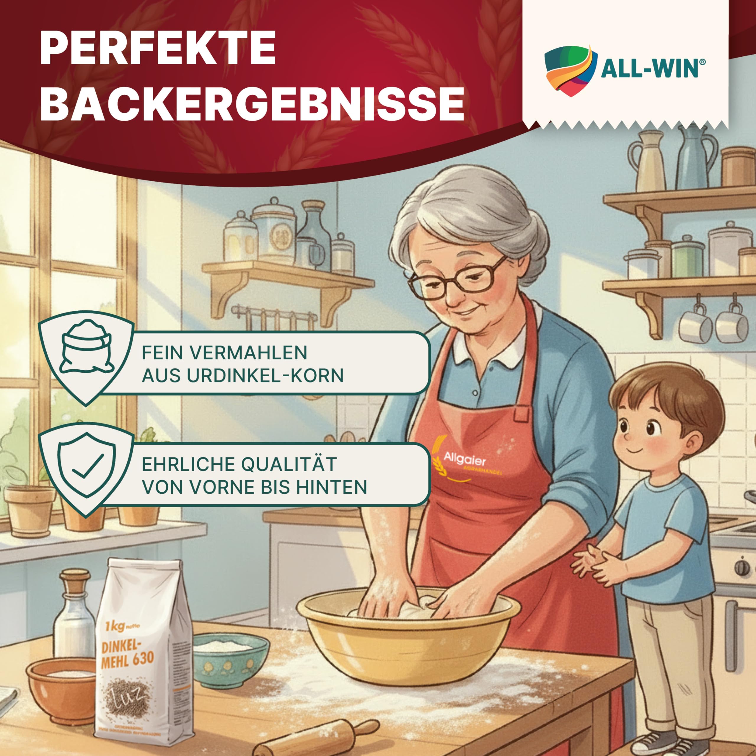 ALL-WIN Dinkelmehl Type 630 – Regionales Albkorn von der Schwäbischen Alb – Ideal für Brot, Brötchen, Kuchen & Spätzle (25 kg)