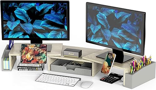 Simple Houseware Soporte elevador de escritorio para monitor doble con cajón, arce