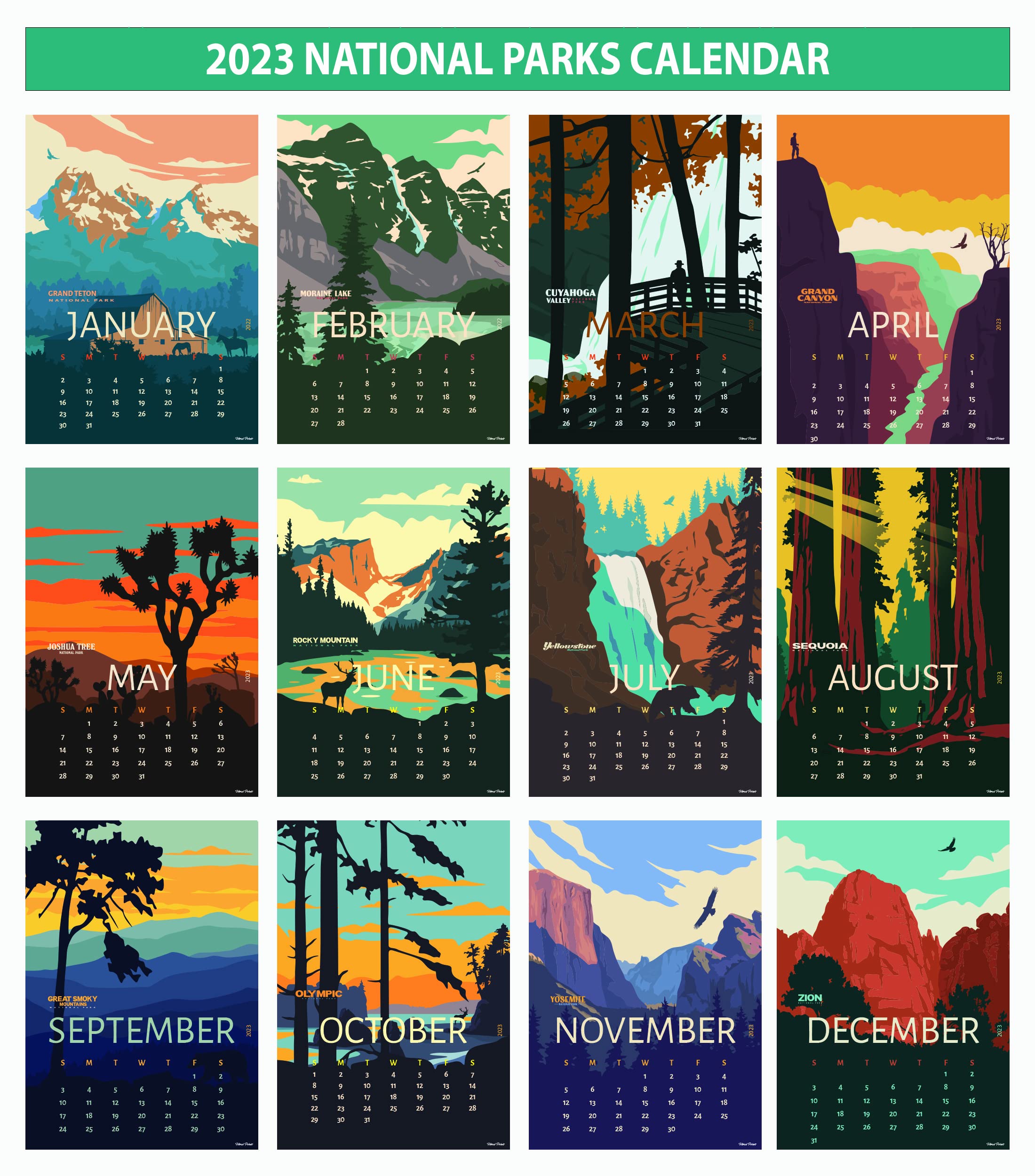 Amazon.com: 2023 Decorative National Parks Wall Calendar -2023 Wall Calendar  National Parks - by Herzii Prints - National Park Calendar - Travel Wall  Calendar - Large Calendar : Office Products