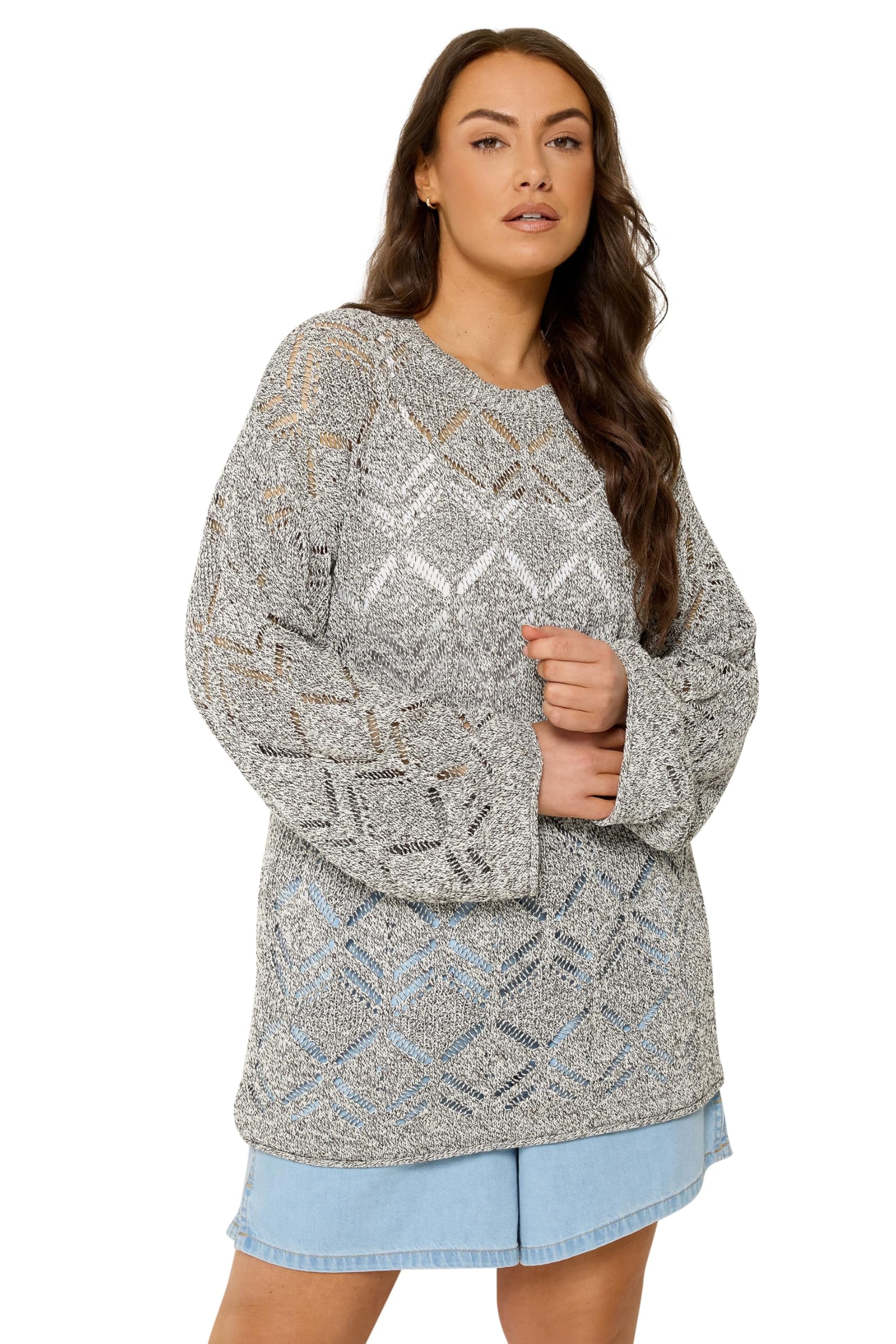 Yours Women's Brown Pointelle Knitted Jumper In | Size: 22/24