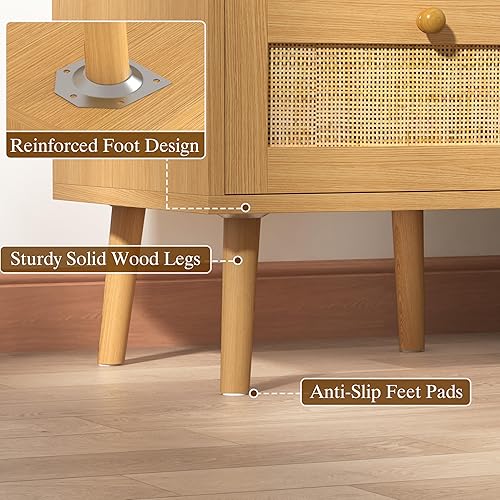 Vista 6 de Juego de 2 mesitas de noche pequeñas con estación de carga, juegos de mesa auxiliar de madera de ratán con 2 cajones de almacenamiento y asas