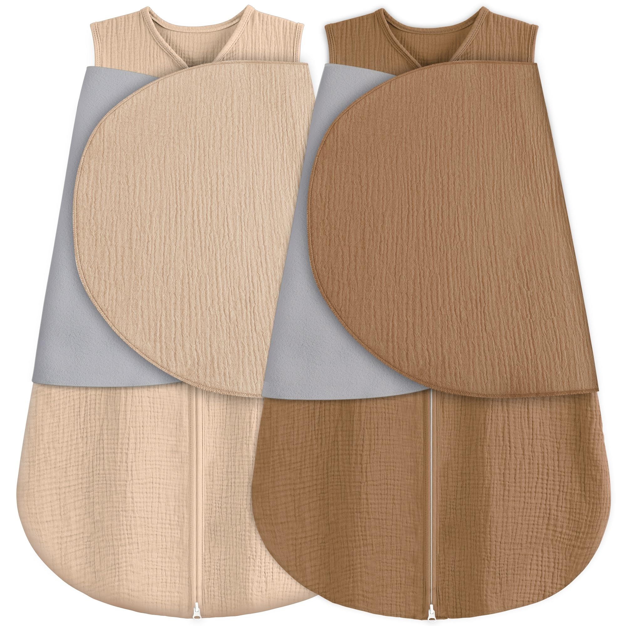 BSTOPPT Newborn Sleep Sack Baby Swaddle,100% Muslin Cotton,3-Way Adjustable Wearable Blanket,Swaddling Sleeping Bag (2, Beige & Khaki, 3-6 Months)