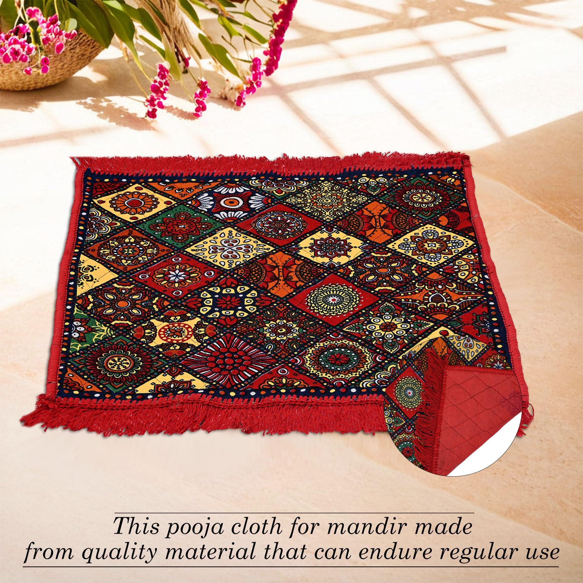 Kuber Industries Pack of 2 Velvet Finish Rectangular Pooja Mat for Sitting On Floor | Traditional Rangoli Print Aasan Puja Cloth for Home Mandir | Suitable for Prayer & Meditation | Red Rangoli 2