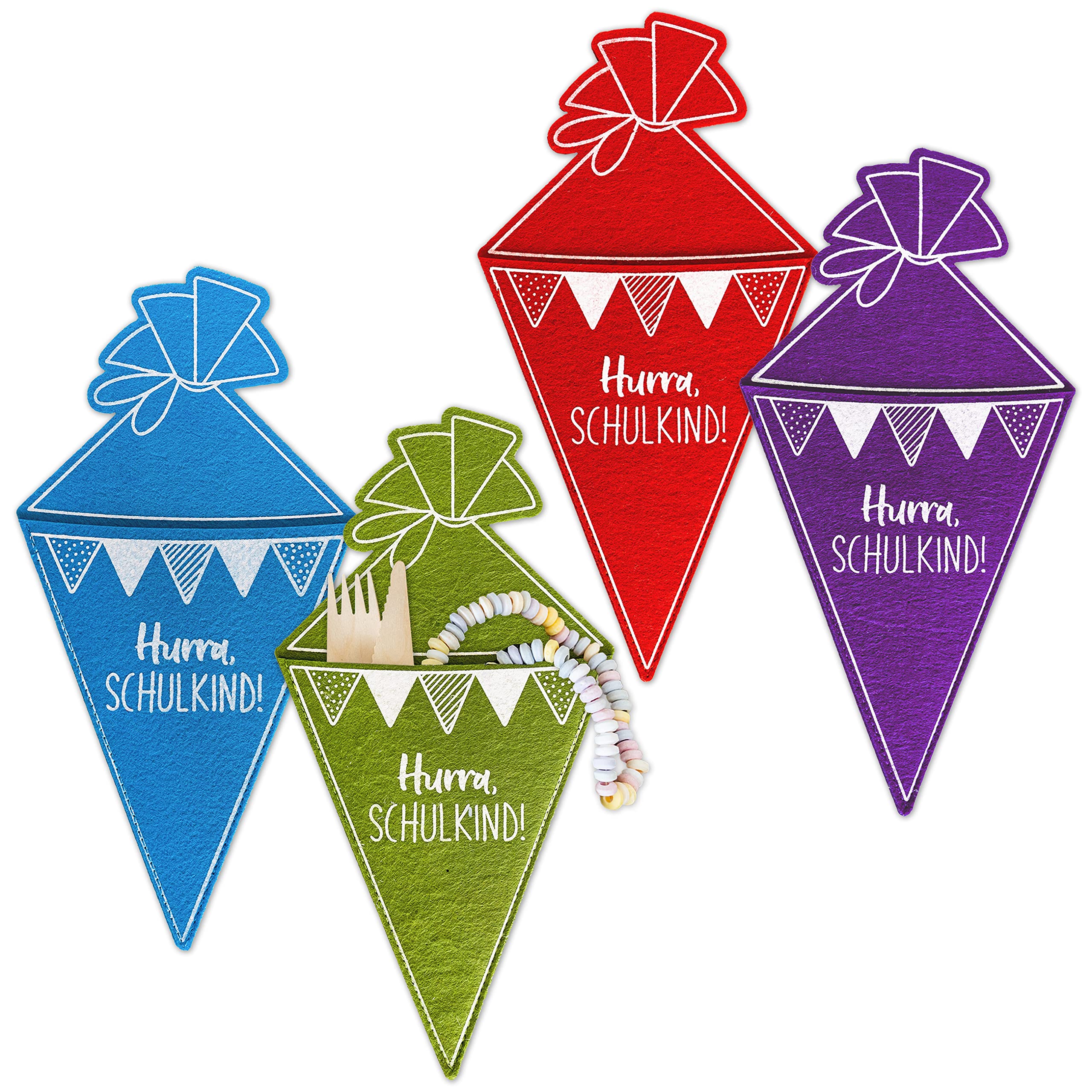 Papierdrachen 4 Colourful Felt School Cones, Cutlery Bag or Gift Bag, Great Attention for the Very First Day of School