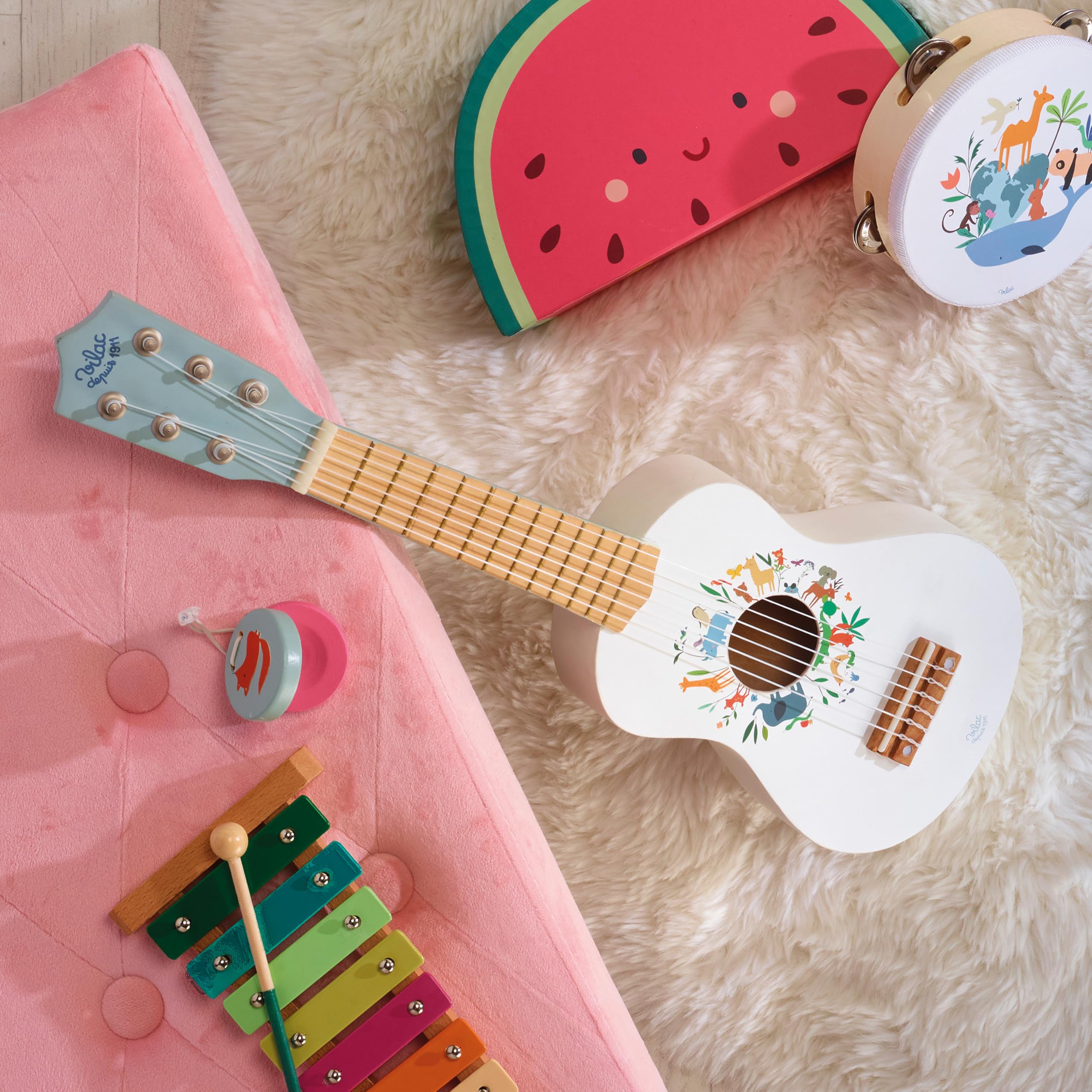 Chitarra gli Animali del Mondo Sarah Betz 6 Corde per Bambini dai 3 Anni | Illustrazioni animali colorate | strumento musicale in legno | sviluppa risveglio musicale e creatività | idea regalo oggi