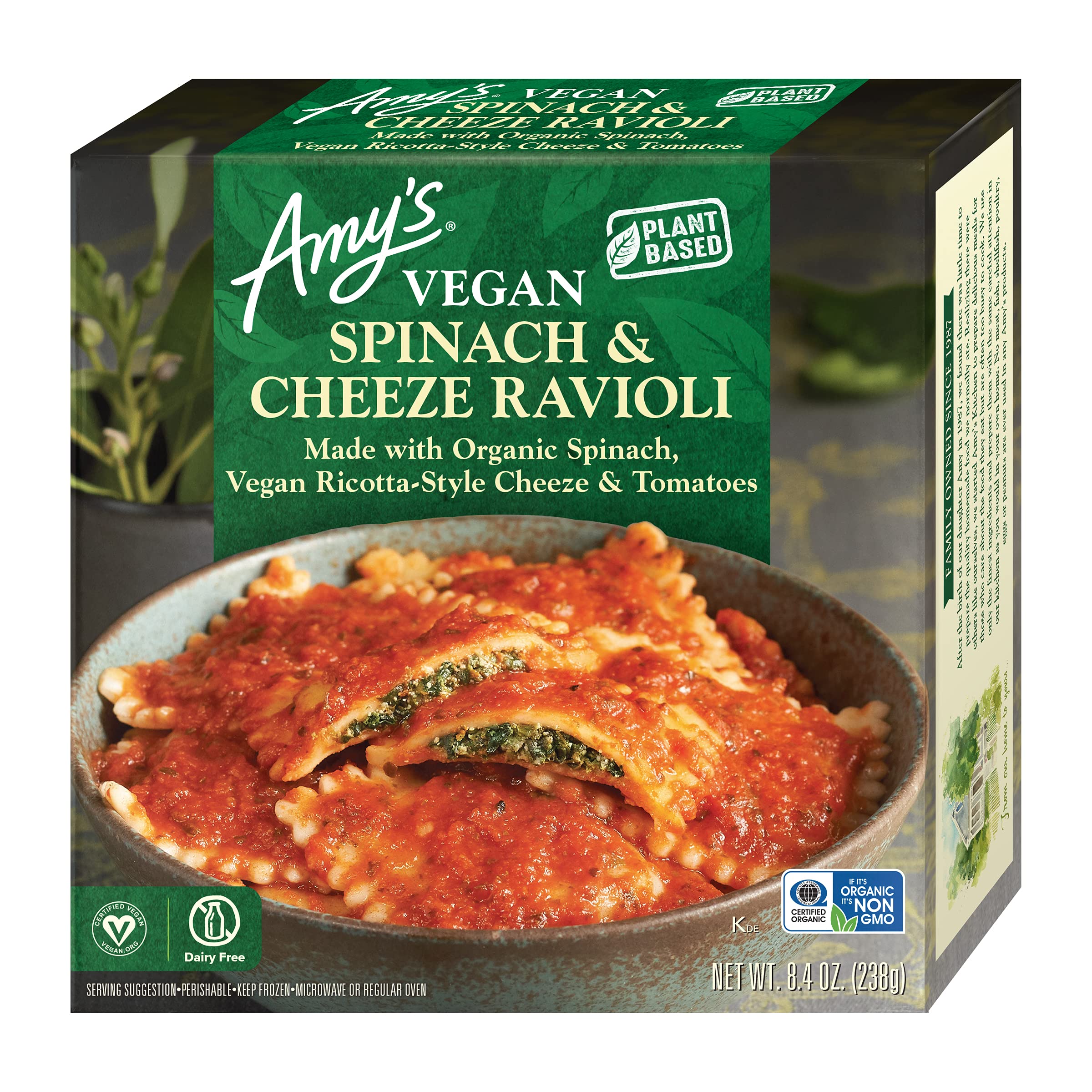 Amy's Vegan Frozen Meal, Spinach and Cheeze (Vegan Cheese) Ravioli Bowl made with Organic Tomatoes and Onions, 8.4oz