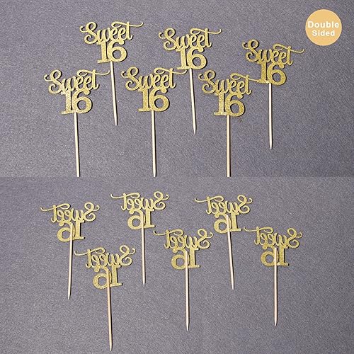 Miniatura 5 de 24 adornos dorados de doble cara con purpurina para cupcakes, 16 palillos para cupcakes, suministros de decoración de pasteles de fiesta de