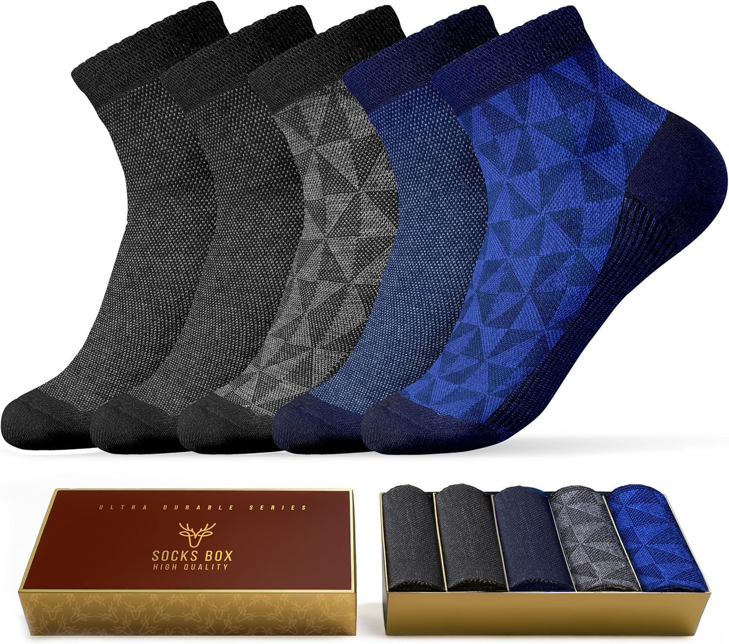 Mens Ankle Socks, Premium Quality Bamboo Rayon Ankle Socks, Patterned, 5 Pairs, Gift Box, Size 8-14