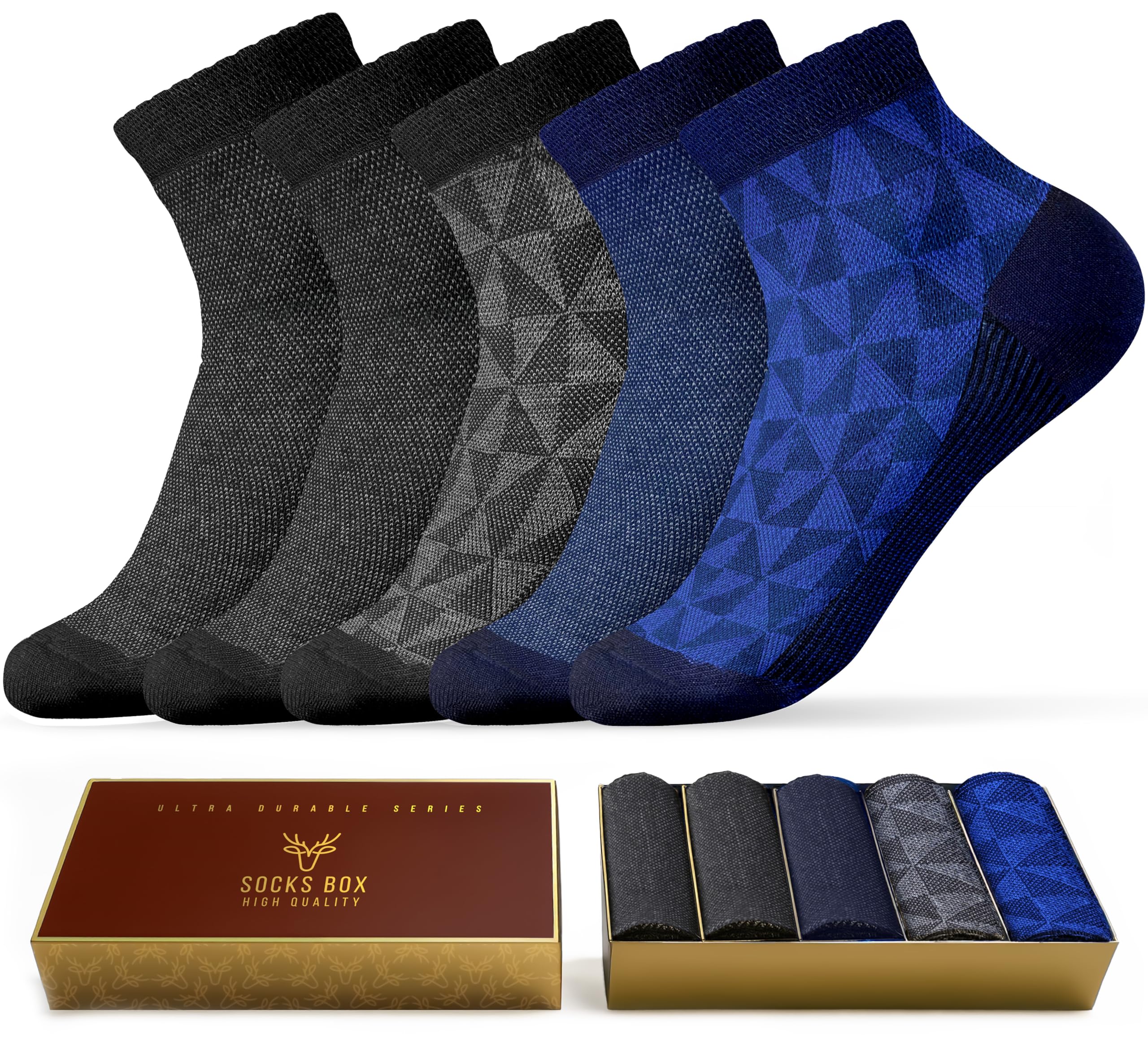 Mens Ankle Socks, Premium Quality Bamboo Rayon Ankle Socks, Patterned, 5 Pairs, Gift Box, Size 8-13