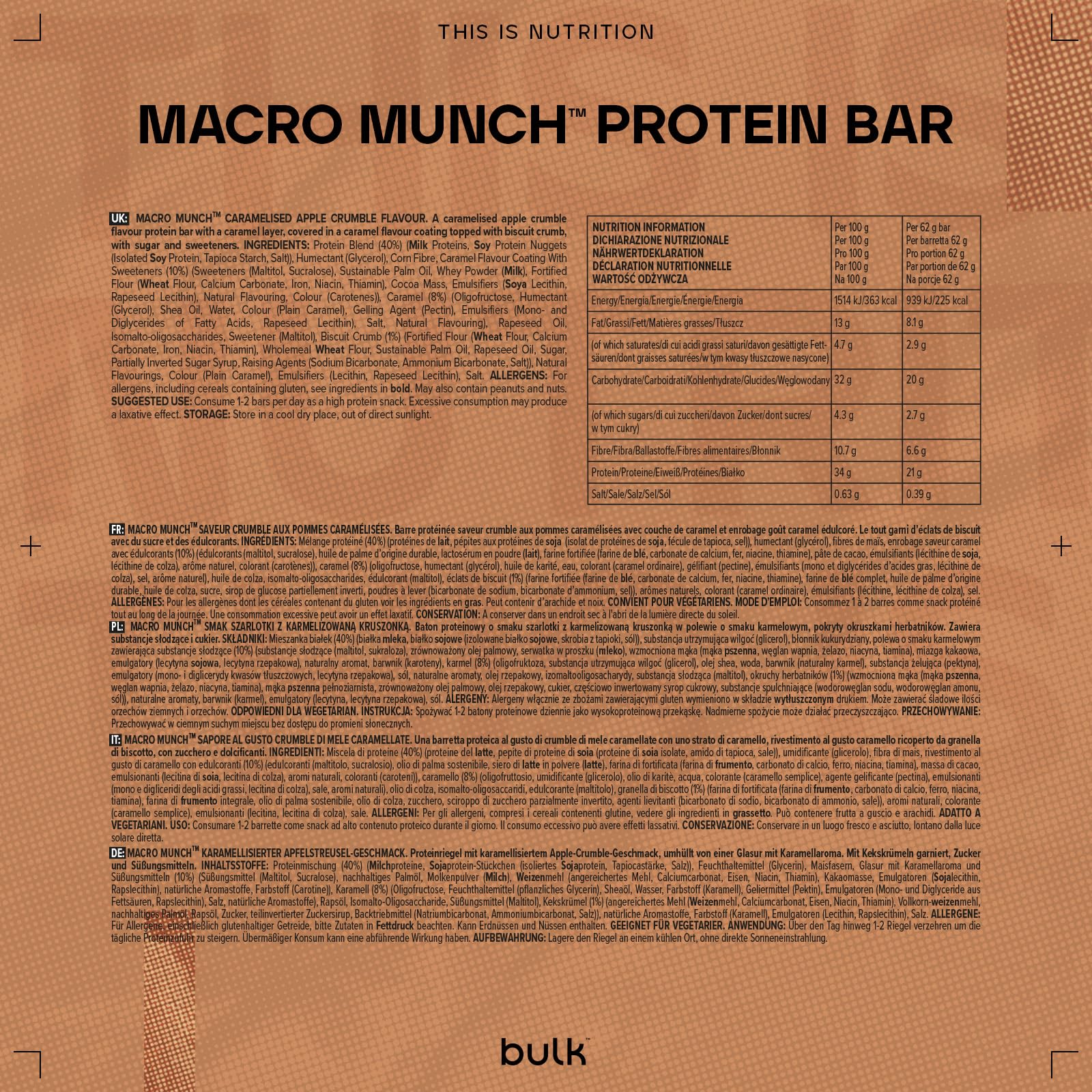 Bulk Macro Munch Protein Riegel, Wenig Zucker, Karamellisierter Apple Crumble, 62 g, Box mit 12 Riegeln