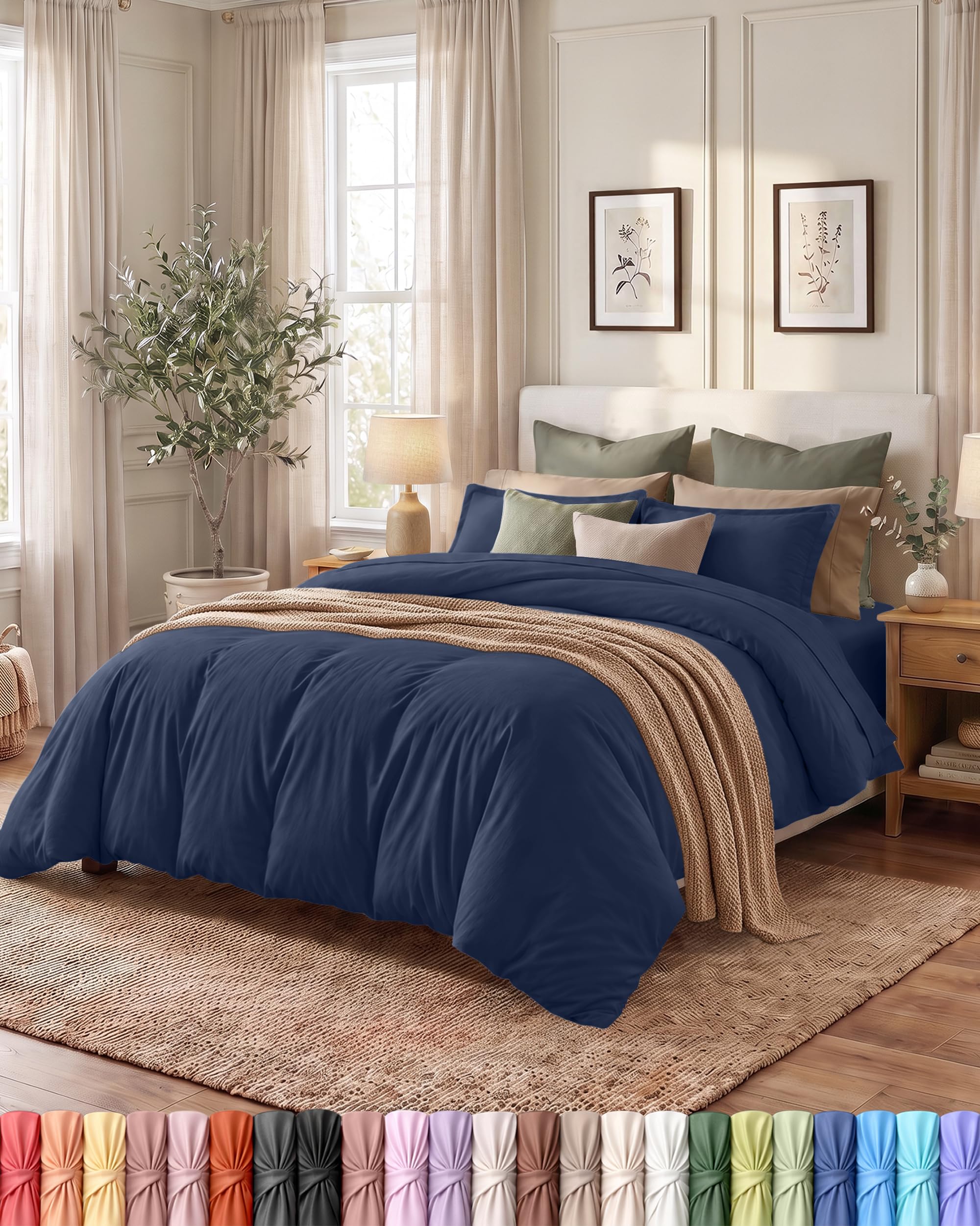 Duvet Cover King, 3 Piece Cotton Like Polyester With Zipper Closure, Navy