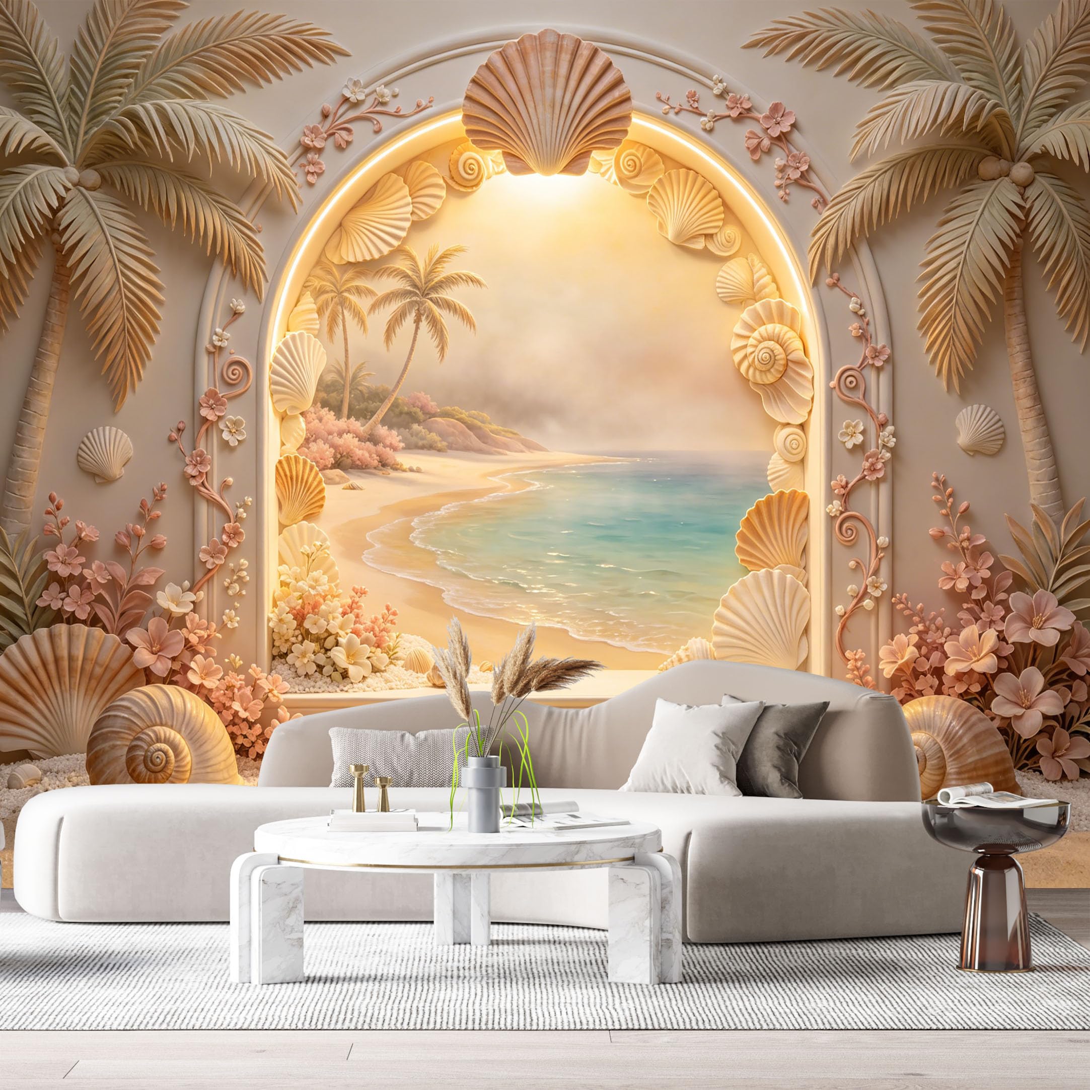 Custom Size Wall Murals Coastal Tropical Beach Ocean Palm Trees 3D Trompe L'Oeil SelfAdhesiveWall Fabric Removable Wallpaper Wall Decor for Living Room Bedroom Bathroom