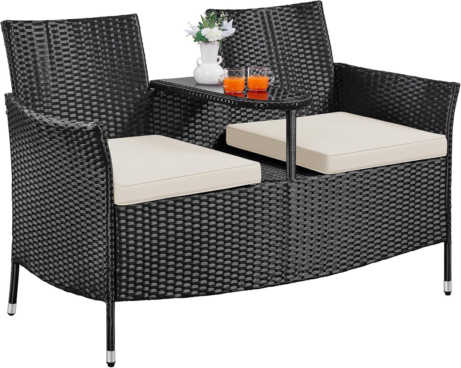 Yaheetech Patio Loveseat, Outdoor Wicker Double Chair w/Side Table, PE Rattan Furniture Set for Two People, Love Seat w/2 Removable Cushions & 1 Tempered Glass Side Table, Black/Beige Yaheetech Patio Loveseat, Outdoor Wicker Double Chair w/Side Table, PE Rattan Furniture Set for Two People, Love Seat w/2 Removable Cushions & 1 Tempered Glass Side Table, Black/Beige