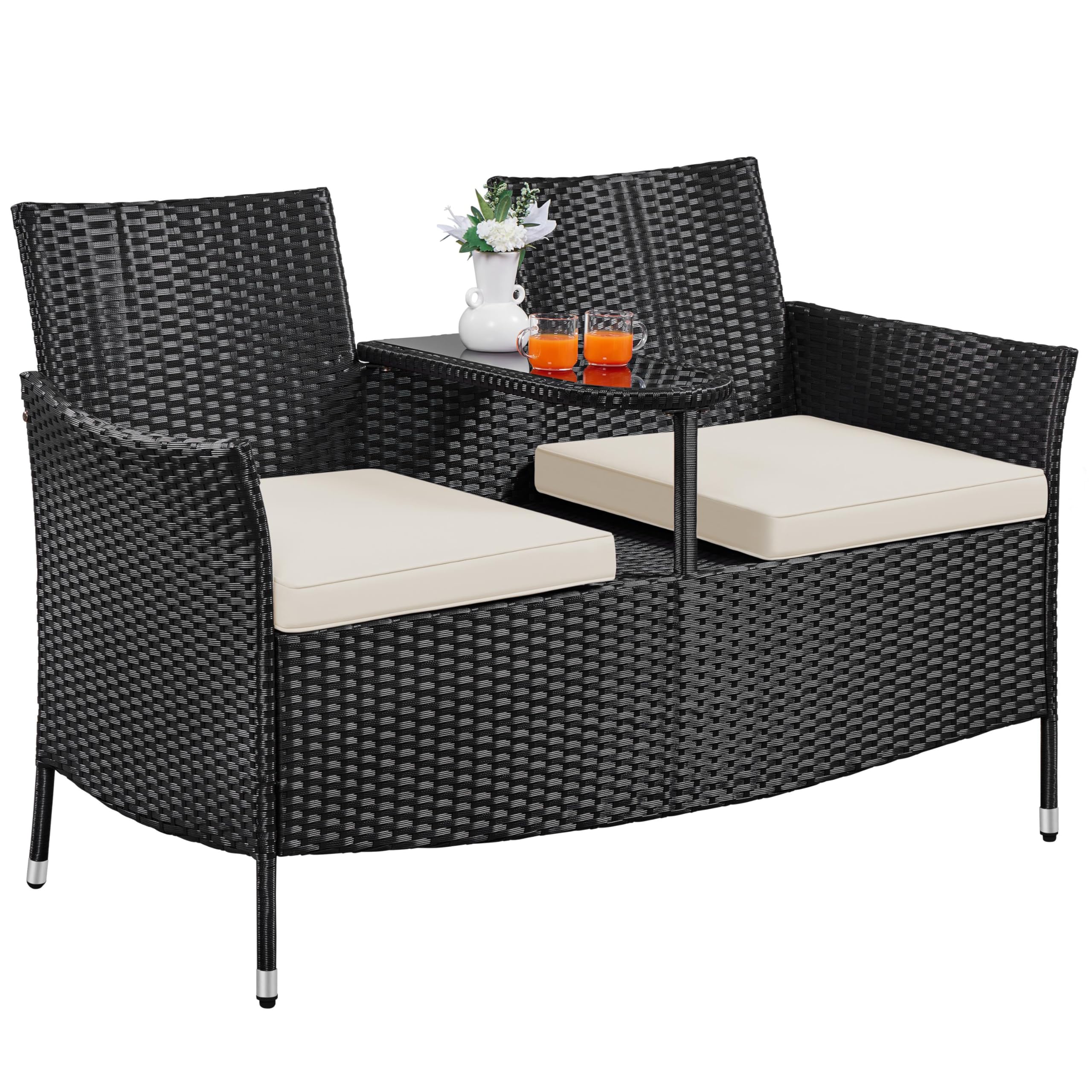 Yaheetech Patio Loveseat, Outdoor Wicker Double Chair w/Side Table, PE Rattan Furniture Set for Two People, Love Seat w/2 Removable Cushions & 1 Tempered Glass Side Table, Black/Beige