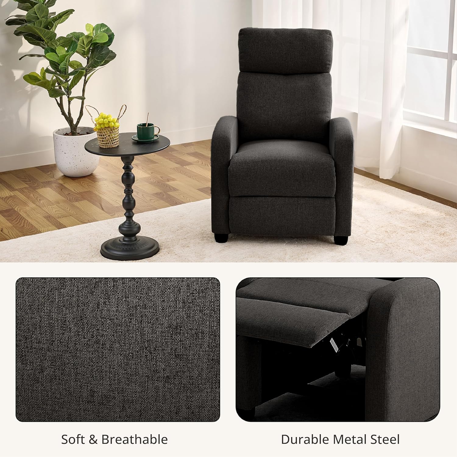 Recliner Chair for Living Room, Modern Adjustable Home Theater Seating Single Sofa Manual Push Back Armchair with Soft Linen Upholstery & High Backrest for Small Spaces, Linen-Black