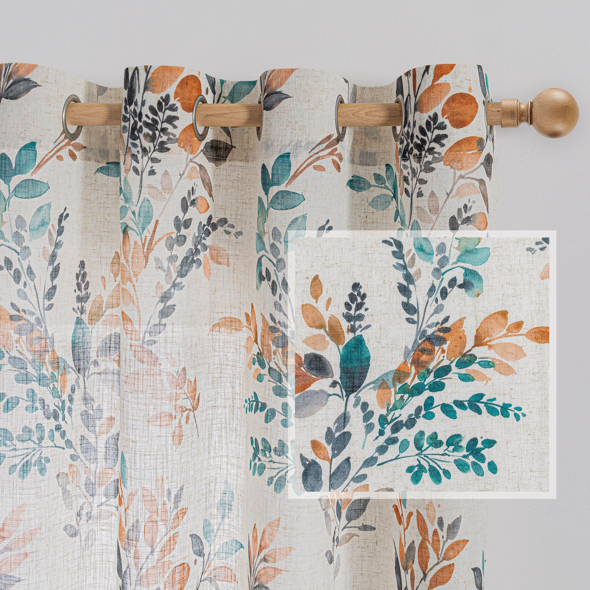 MYSKY HOME Floor to Ceiling Linen Floral Curtains 102 Inch Length 2 Panels Semi Sheer Light Filtering Farmhouse Leaf Printed Window Grommet Drapes for Dining Room, 52" W Each Panel, Burnt Orange