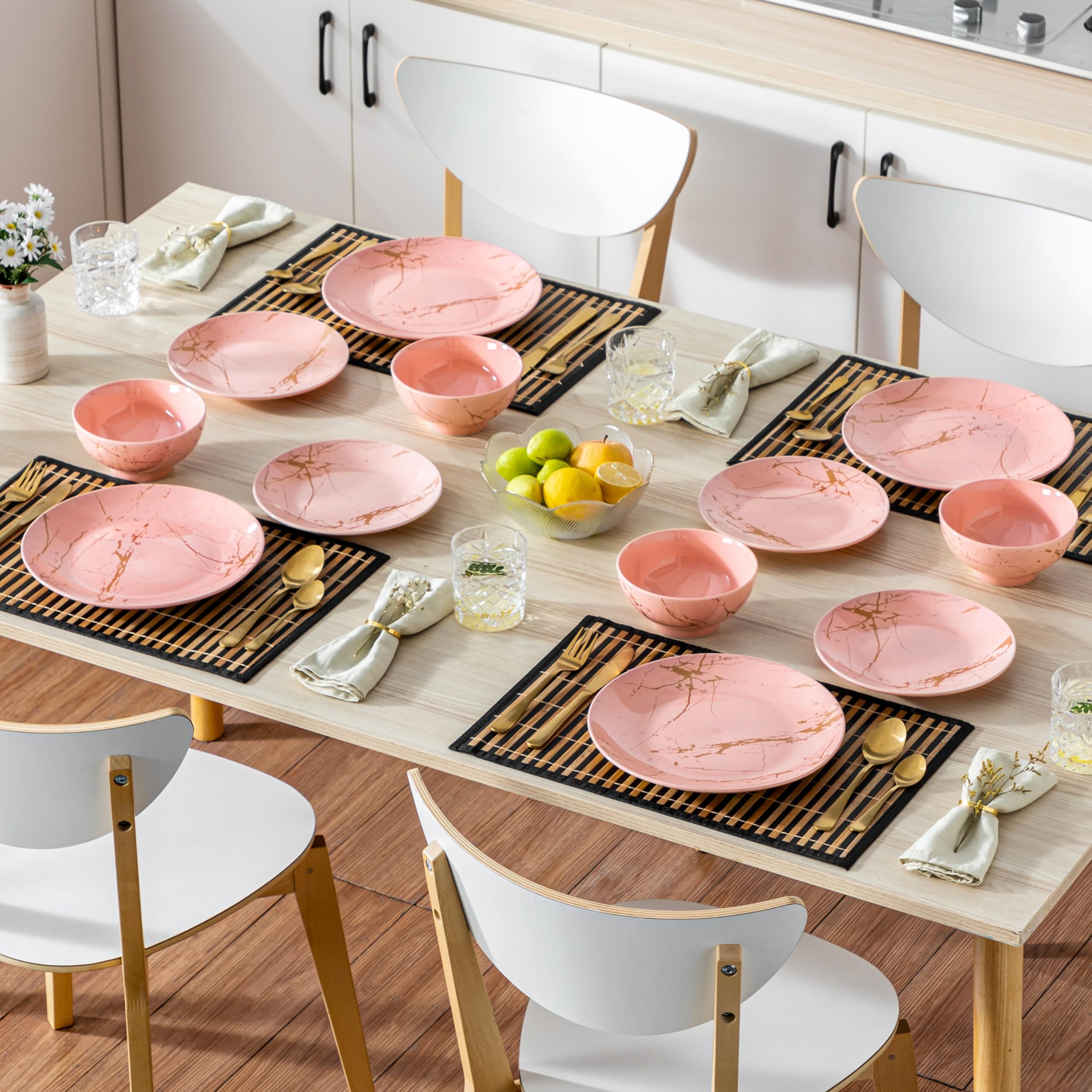 LOVECASA Service de table en porcelaine 12 pièces pour 4 personnes, design rose à motif doré, compatible lave-vaisselle, polyvalent toutes occasions, assiettes plates, assiettes à dessert et bols