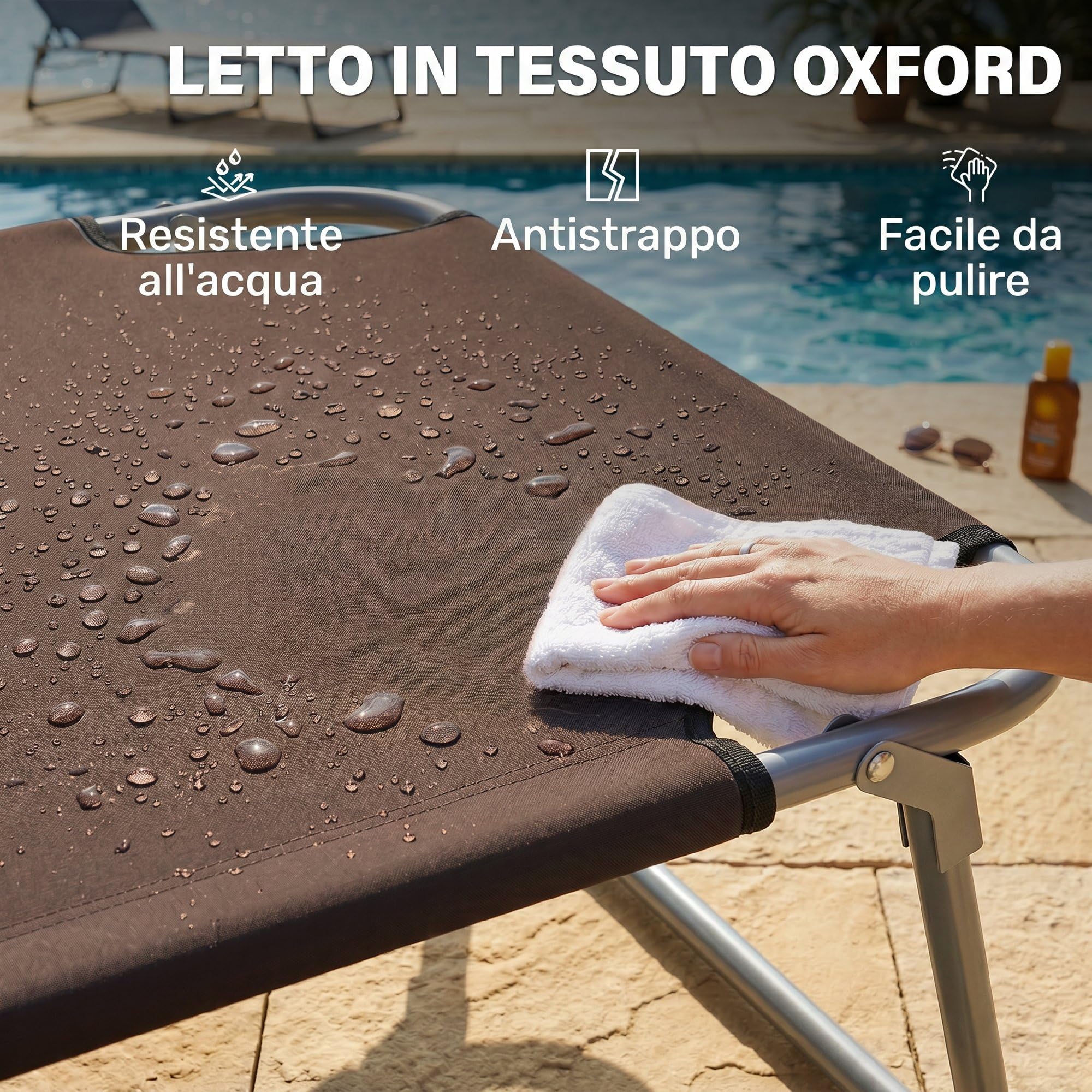 Outsunny Lettino Prendisole da Giardino Pieghevole Regolabile Marrone | con Tettuccio, Schienale Regolabile, Sdraio da Giardino, Tessuto Oxford e Metallo, per Spiaggia, Piscina, 187x58x36 cm