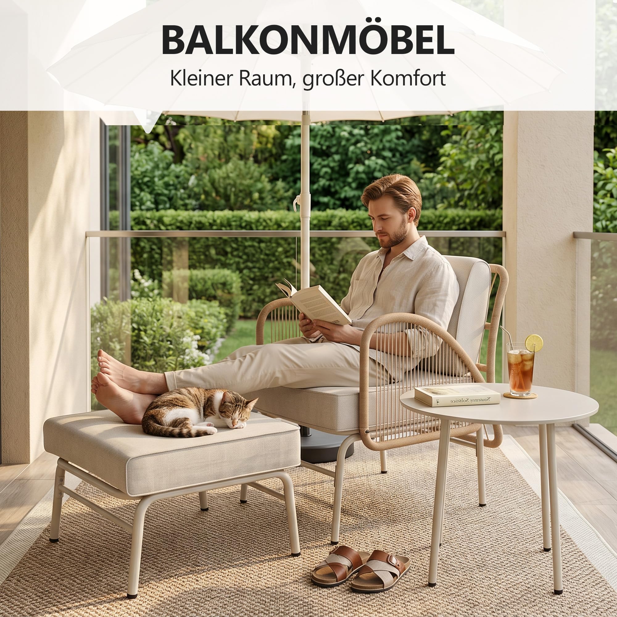 Gotland 6 Stück Balkonmöbel Set, 2026 Upgrate Outdoor Lounge Sessel mit Ottomane & Couchtisch, Allwetter Outdoor Lounge Set mit 3 dicken Kissen für Balkon, Garten, Weiches Kissen, für kleinen Raum