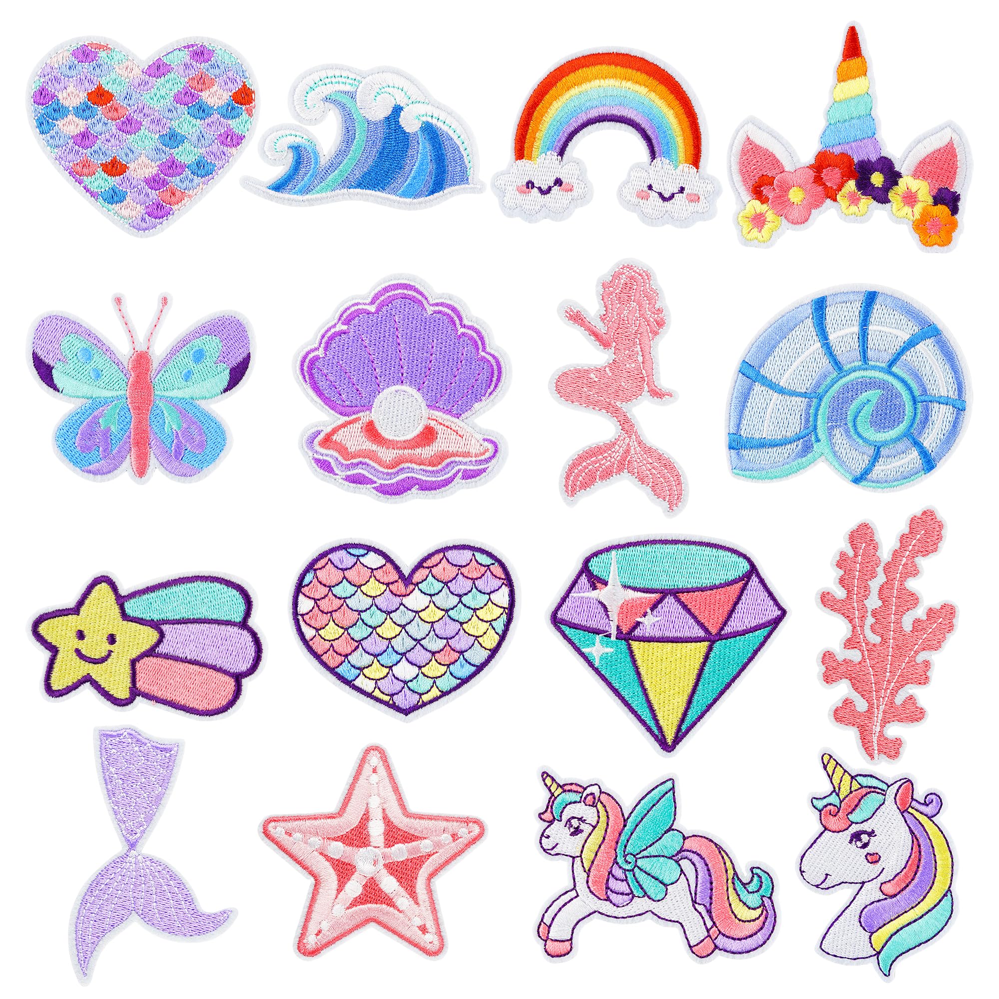 16 PCS Unicorn Mermaid Iron on Patches for Kids Girls Cute Heart Butterfly Wave Rainbow Embroidered Iron on Patches for Clothing Backpack Jeans Jackets Hat