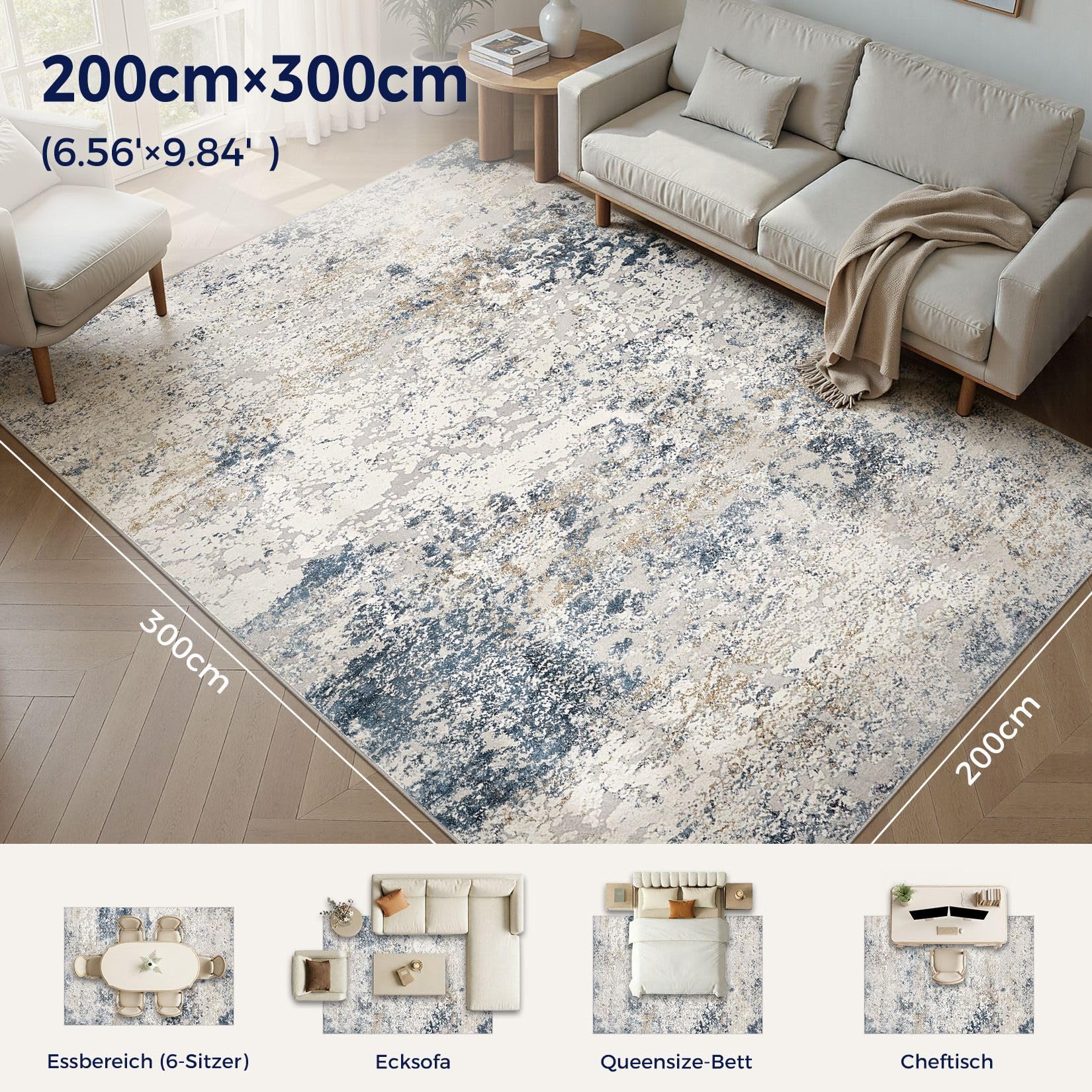 DMOYEST Teppich Wohnzimmer 200x300cm Modern Beige Blau Waschbar | Kurzflor Weich Maschinenwaschbar Rutschfest, Kinder und Haustierfreundlich für Schlafzimmer, Esszimmer und Büro