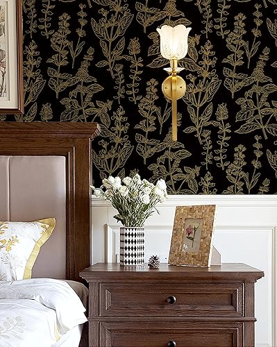 Miniatura 3 de Micpolo Papel tapiz para despegar y pegar, papel tapiz floral negro y dorado, papel tapiz negro para baño, dormitorio, papel de contacto para