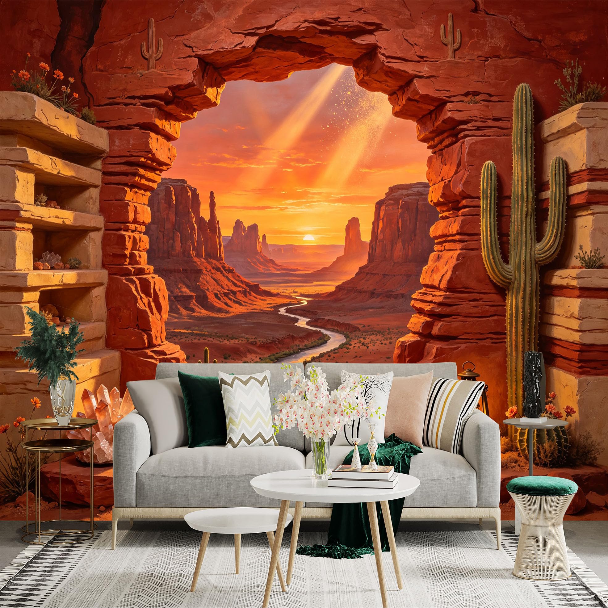 Custom Size Wall Sticker Mural， Desert Canyon Sunset with River， Red Rock Arch and Cactus Landscape， for wall Decoration， peelandstick wall Decals.