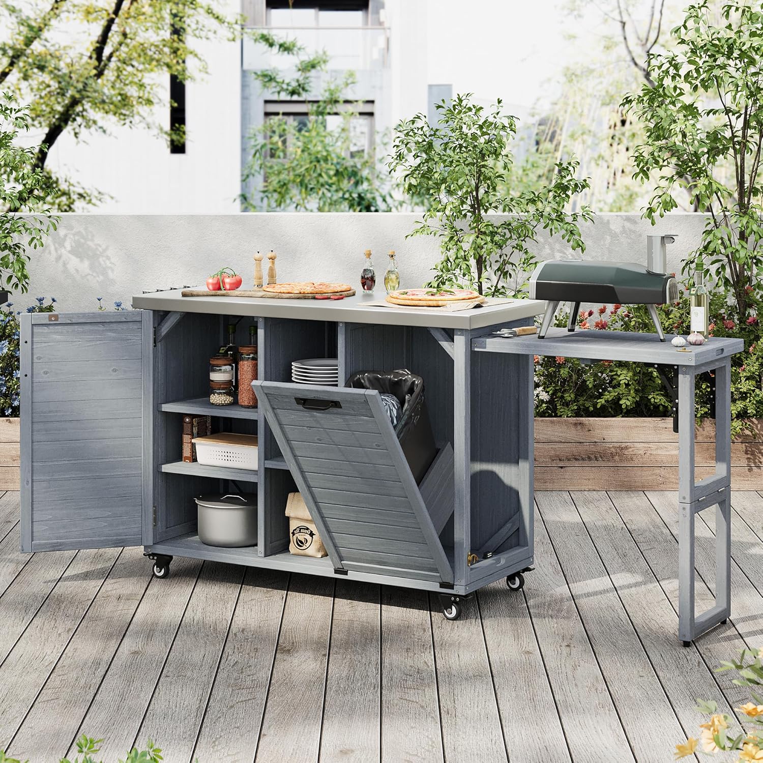 78.3" Outdoor Kitchen Island with Foldable Grill Table, Wooden Outdoor Grill Cart with Trash Can Storage & Stainless Steel Top, Outdoor Bar Cart, Pizza Oven Table for Lawn & Garden, Grey Blue