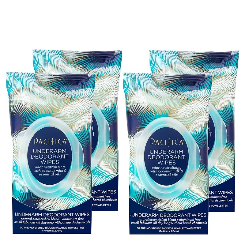 Lenços desodorantes para axilas Pacifica Beauty Coconut Milk & Essential Oils, sem alumínio, veganos e cruelty-free, pacote com 4 (120 unidades)