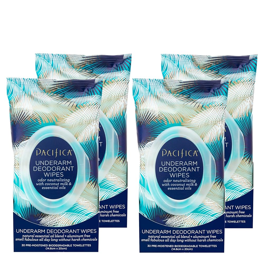 Pacifica Beauty Coconut Milk & Essential Oils Underarm Deodorant Wipes, Helps Remove Odor, Aluminum-Free, Vegan & Cruelty-Free, 30 Wipes (4-Pack)