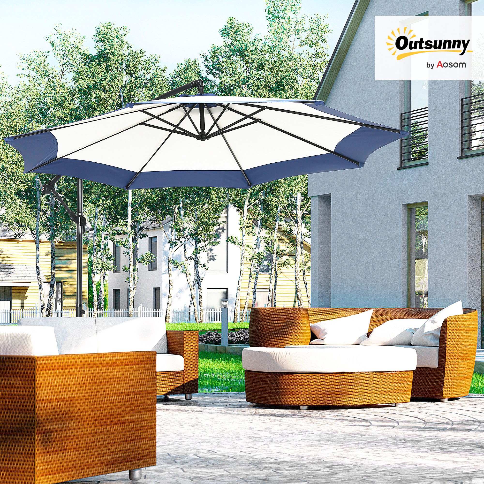 Outsunny Ombrellone da Giardino 3x2 m Base a Croce Apertura a Manovella Presa d'Aria Metallo Poliestere