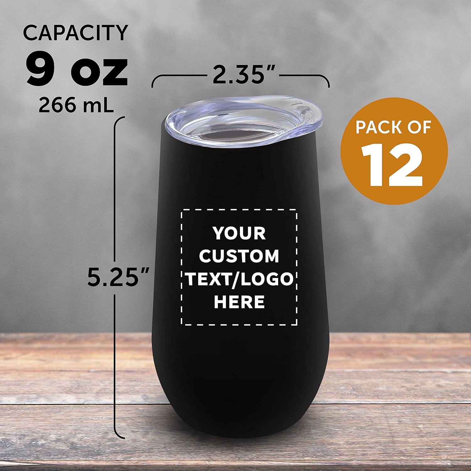 Custom Stainless Steel Stemless Flute Wine Glasses with Lids 9 oz. Set of 12, Personalized Bulk Pack - Perfect for Wine, Champagne, Cocktails, Other Hot & Cold Beverages - Black