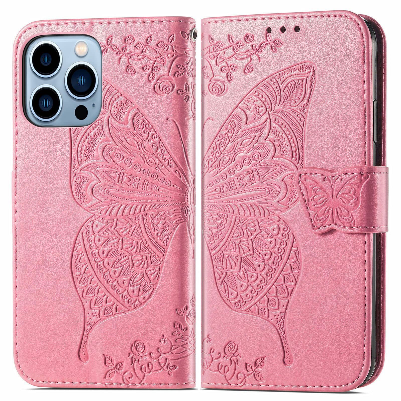 Etui na iPhone 14/14 Pro/14 Plus/14 Pro Max, autentyczna skórzana okładka portfelowa z wewnętrzną otoczką TPU, przegródka na karty, smukły pasek ochronny do flipowania, różowy, 14 Plus 6,7''