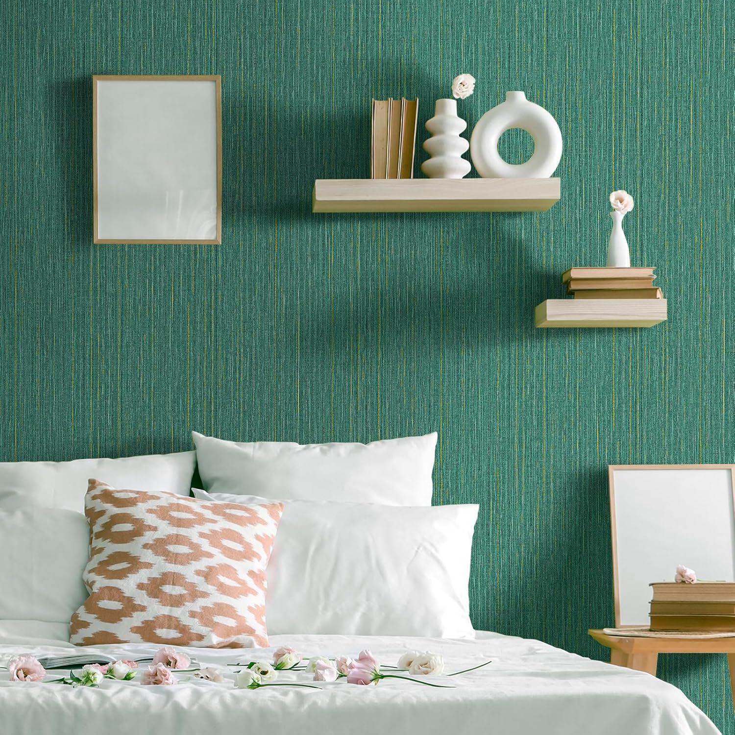 WADILE Grasscloth Wallpaper Peel and Stick Linen Stripes Wall Paper 15.7 in x 393.7 in Fabric Contact Paper Textured Linen Wallpaper Self-Adhesive Thick Vinyl Embossed Wallpaper (Malachite Green)
