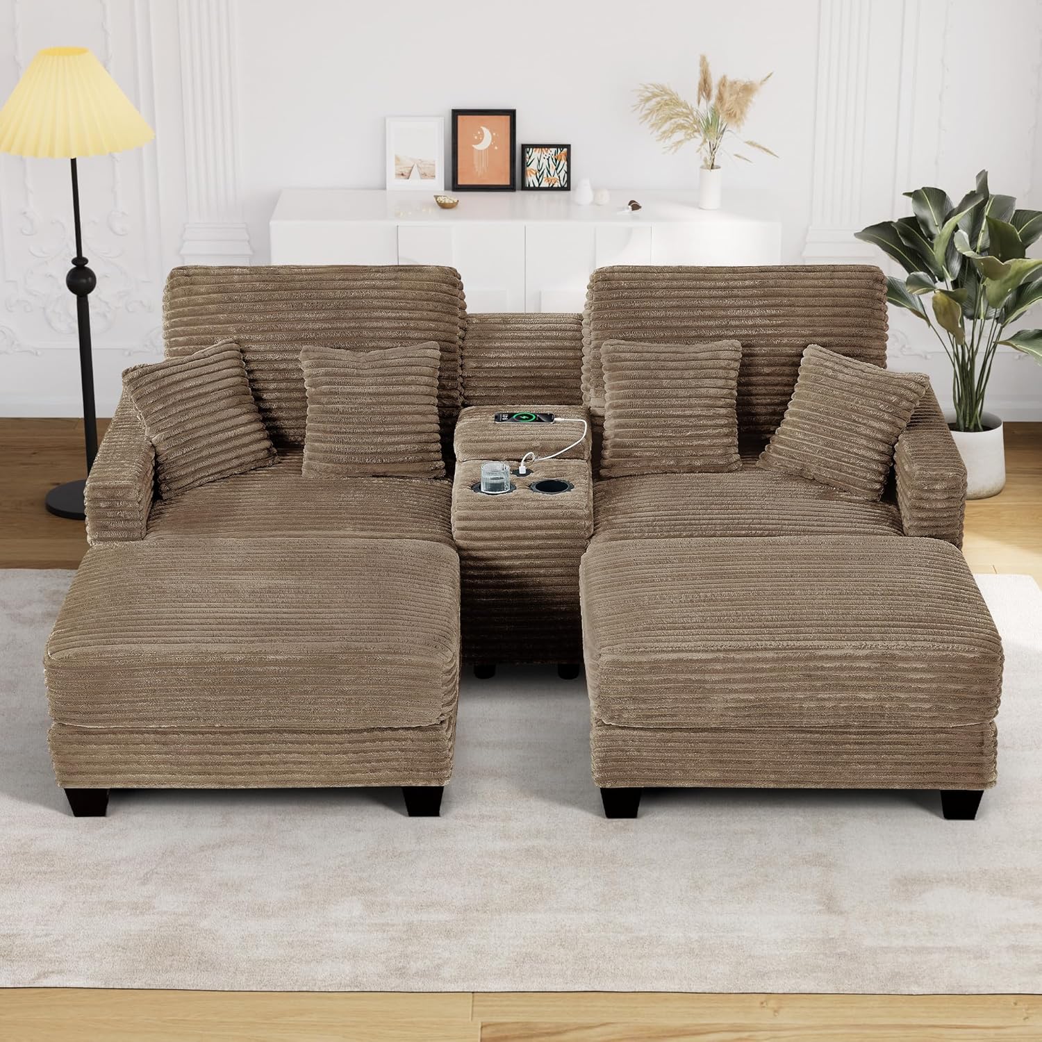 Oversized Chaise Lounge Chair Indoor with Storage & USB, Cup Holder & Ottoman, Firm Solid Wood Frame with Long Service Life Corduroy Oversized Lounge Reading Chair for Large Study Room - Camel