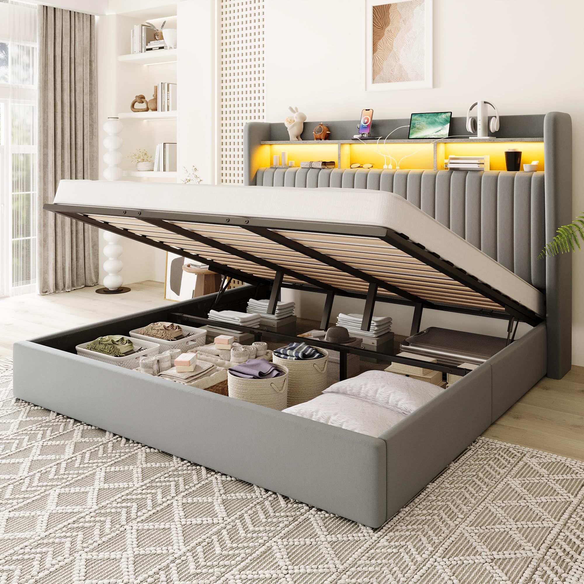 Allewie King Size Lift Up Hydraulic Storage Bed Frame, 2-Tier Shelf Headboard with LED Lights and Charging Station, USB and Type C Ports, Wingback