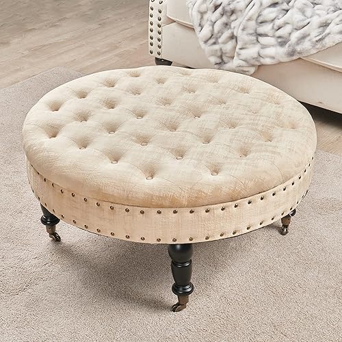 Miniatura 8 de Warmaxx Mesa de centro otomana redonda copetuda beige de 34 x 34 x 17 pulgadas de alto, otomana grande y resistente de terciopelo texturizado para