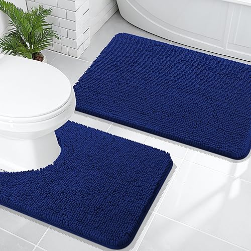 OLANLY Juego de 2 alfombras de baño, tapetes de baño de felpilla suave y absorbente y contorno en forma de U, alfombra de baño lavable a máquina,